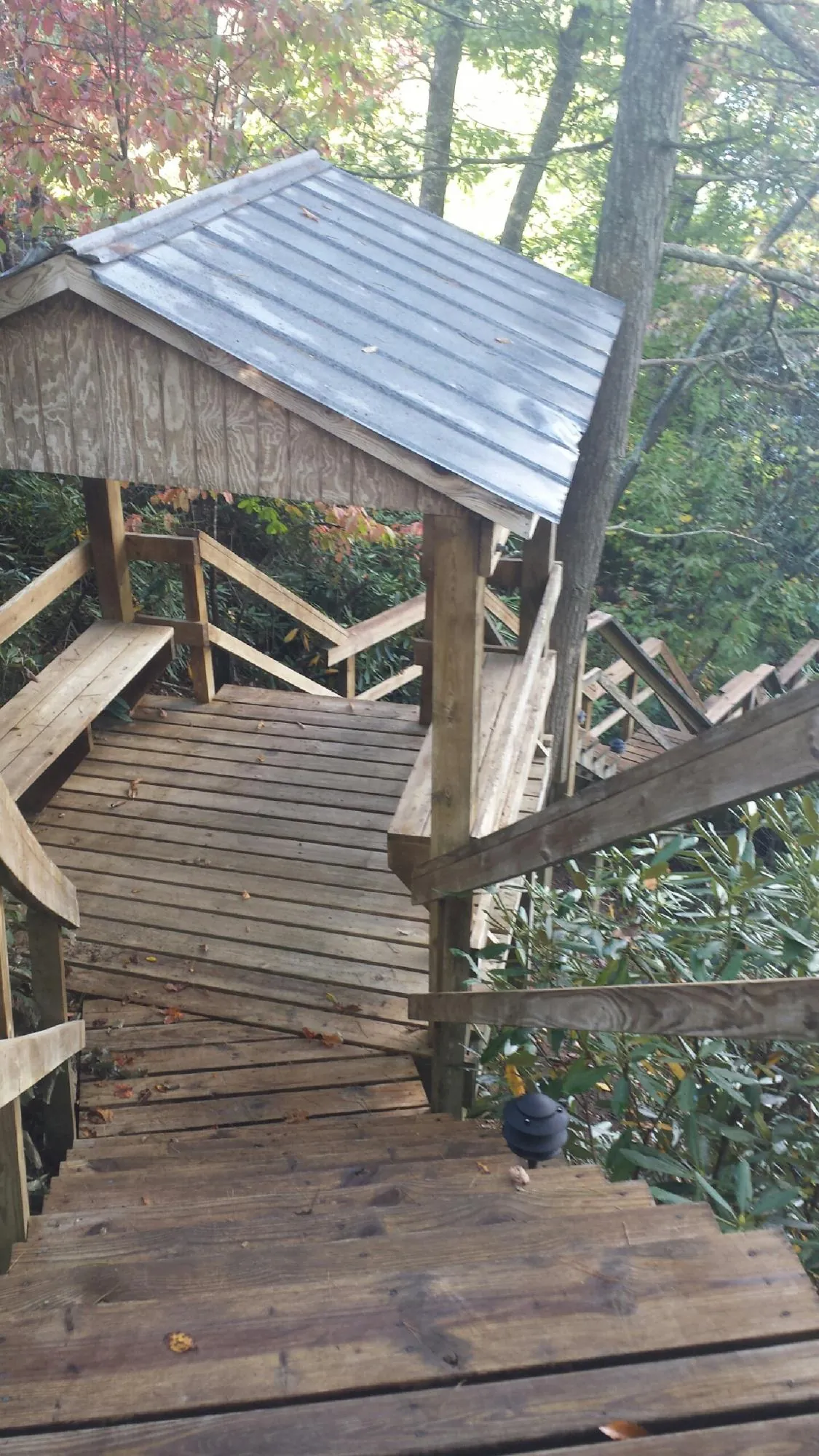 Metal roofed shelter over wooden steps on a wooded walkway — Skylight Repair & Installation work by our crew in Stillman Valley